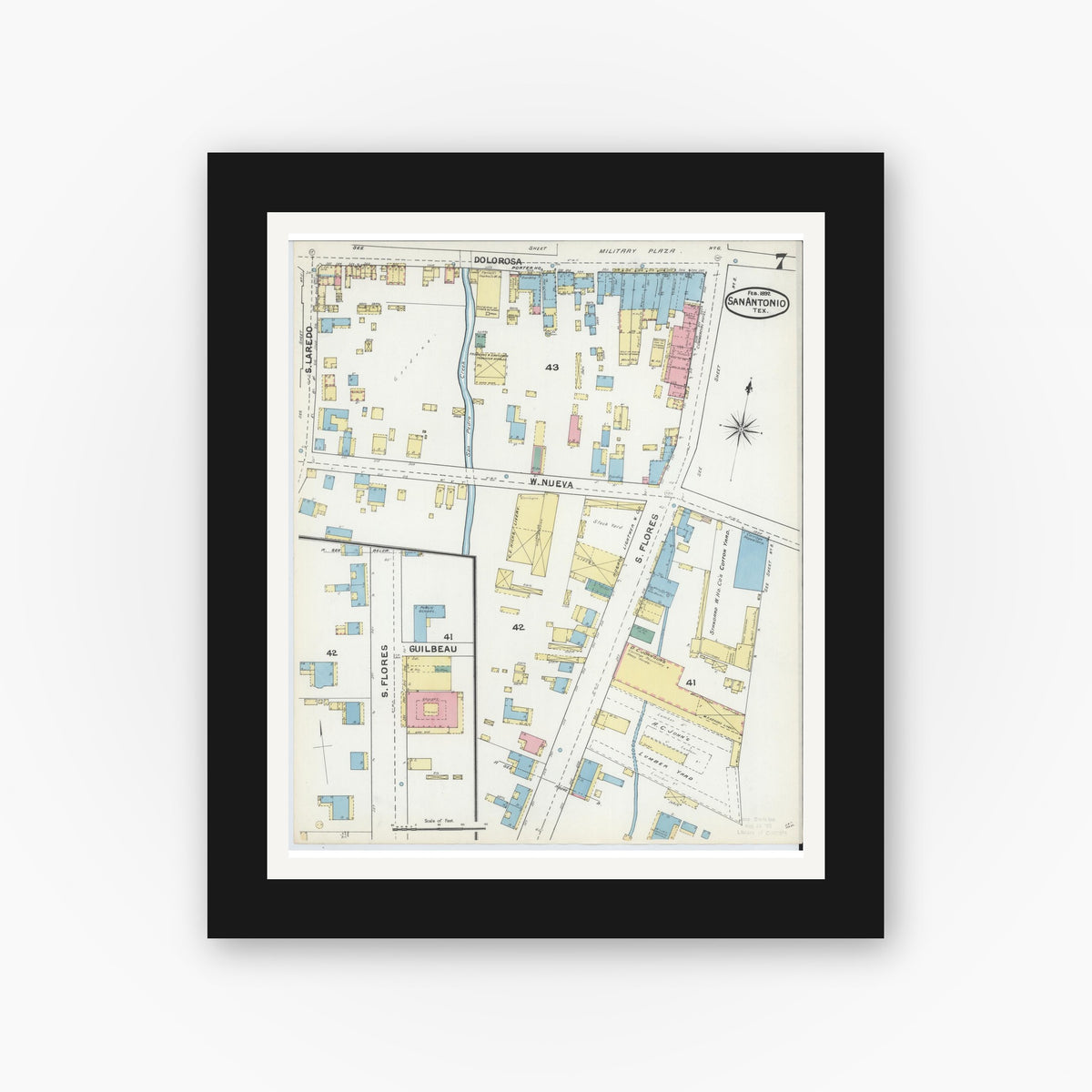 Old map wall art mockup — black gallery frame with white mat — Sanborn Fire Insurance Map from San Antonio, Bexar County, Texas (1892), Sheet #0007