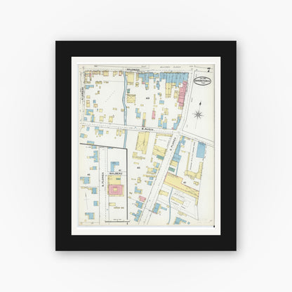 Old map wall art mockup — black gallery frame with white mat — Sanborn Fire Insurance Map from San Antonio, Bexar County, Texas (1892), Sheet #0007