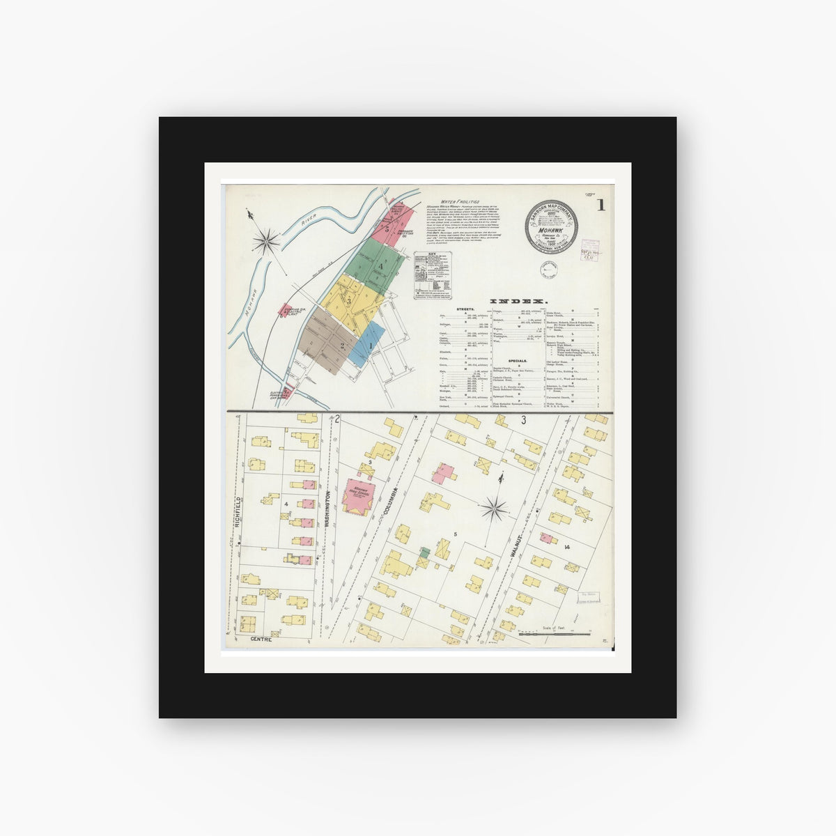 Old map wall art mockup — black gallery frame with white mat — Sanborn Fire Insurance Map from Mohawk, Herkimer County, New York (1902) - Complete Map Set