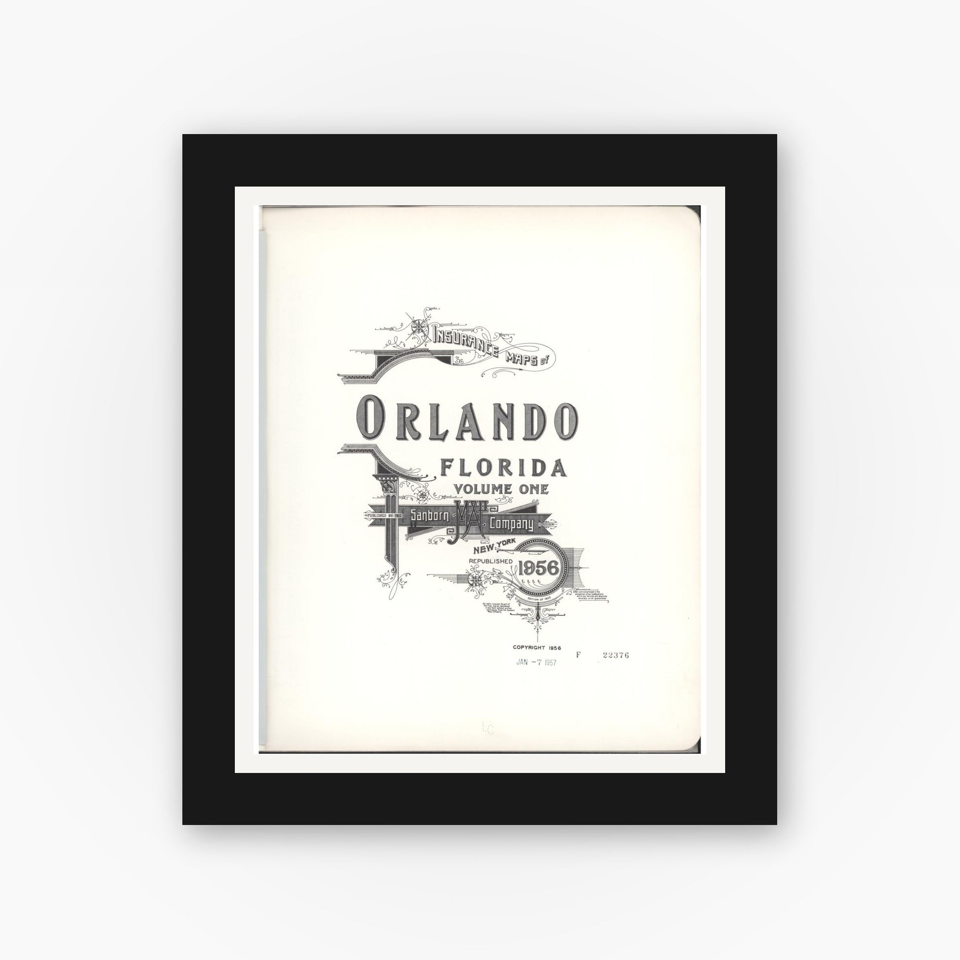 Old map wall art mockup — black gallery frame with white mat — Sanborn Fire Insurance Map from Orlando, Orange County, Florida (1956), Sheet #0001