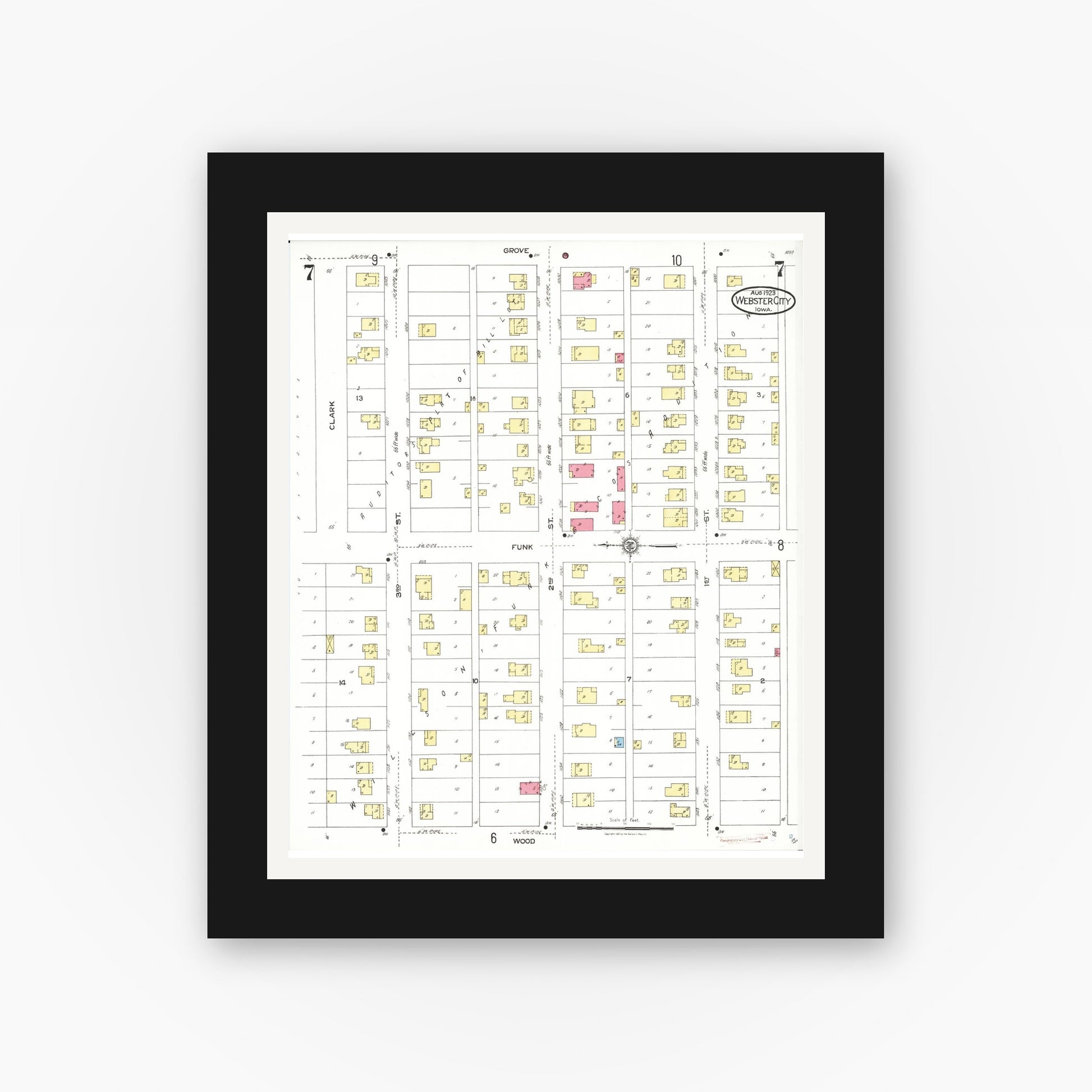 Old map wall art mockup — black gallery frame with white mat — Sanborn Fire Insurance Map from Webster City, Hamilton County, Iowa (1923), Sheet #0007