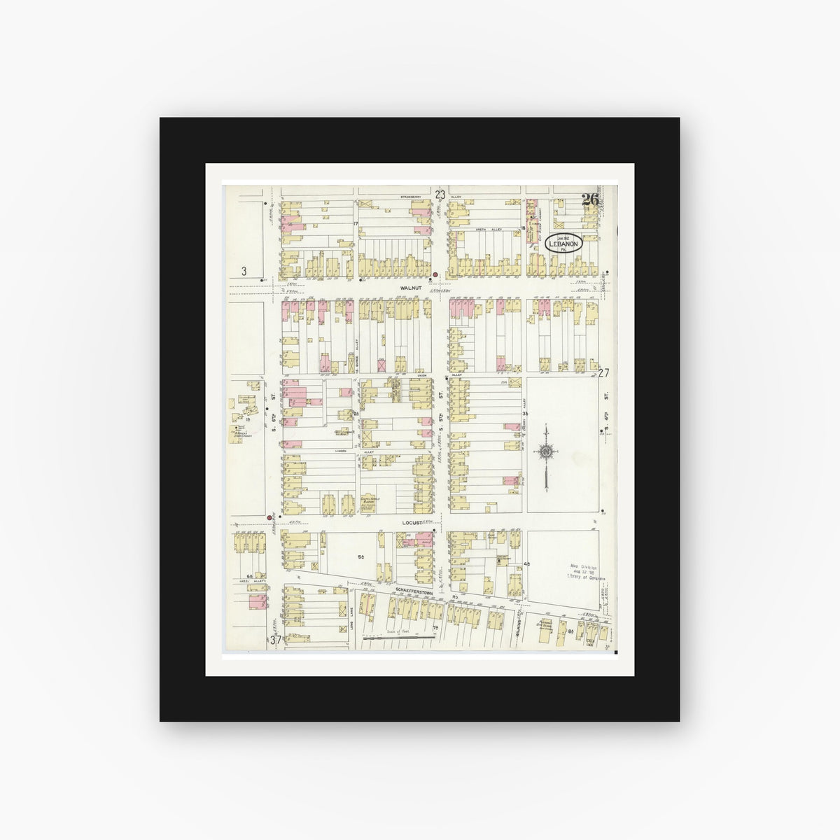 Old map wall art mockup — black gallery frame with white mat — Sanborn Fire Insurance Map from Lebanon, Lebanon County, Pennsylvania (1912), Sheet #0026