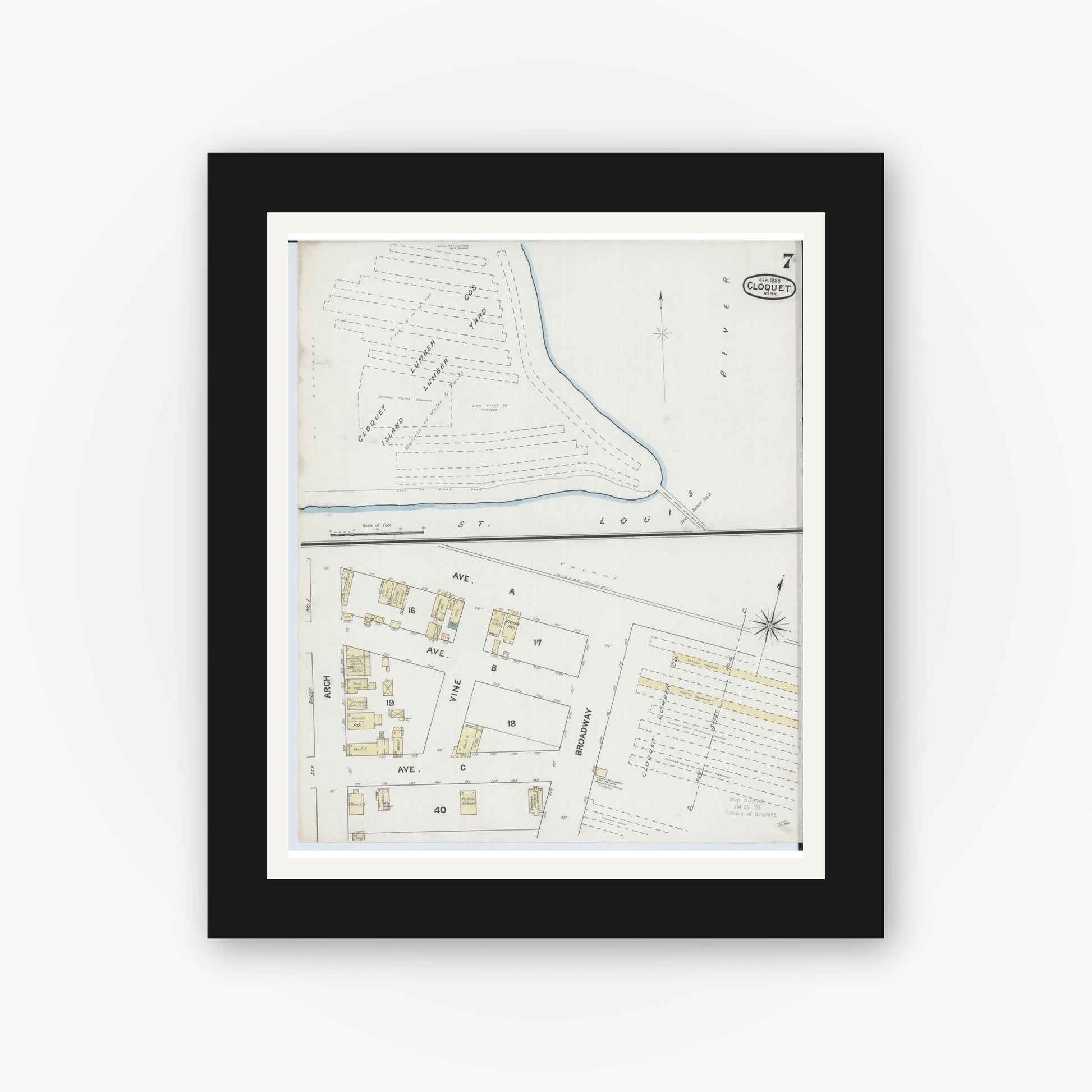 Old map wall art mockup — black gallery frame with white mat — Sanborn Fire Insurance Map from Cloquet, Carlton County, Minnesota (1888), Sheet #0007