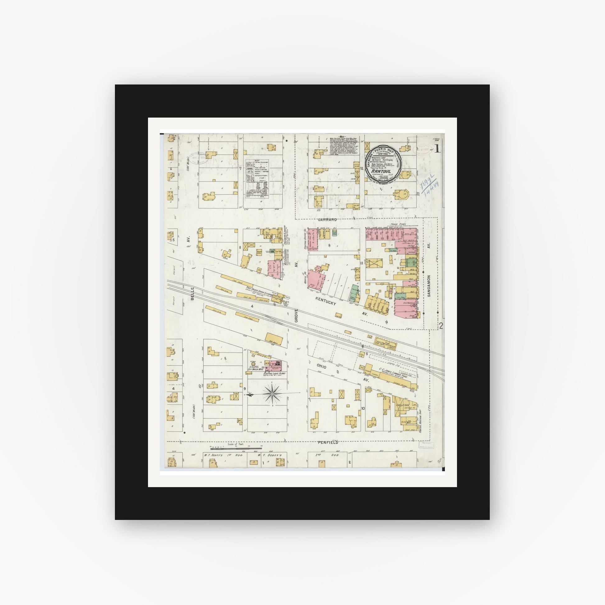 Old map wall art mockup — black gallery frame with white mat — Sanborn Fire Insurance Map from Rantoul, Champaign County, Illinois (1899) - Complete Map Set