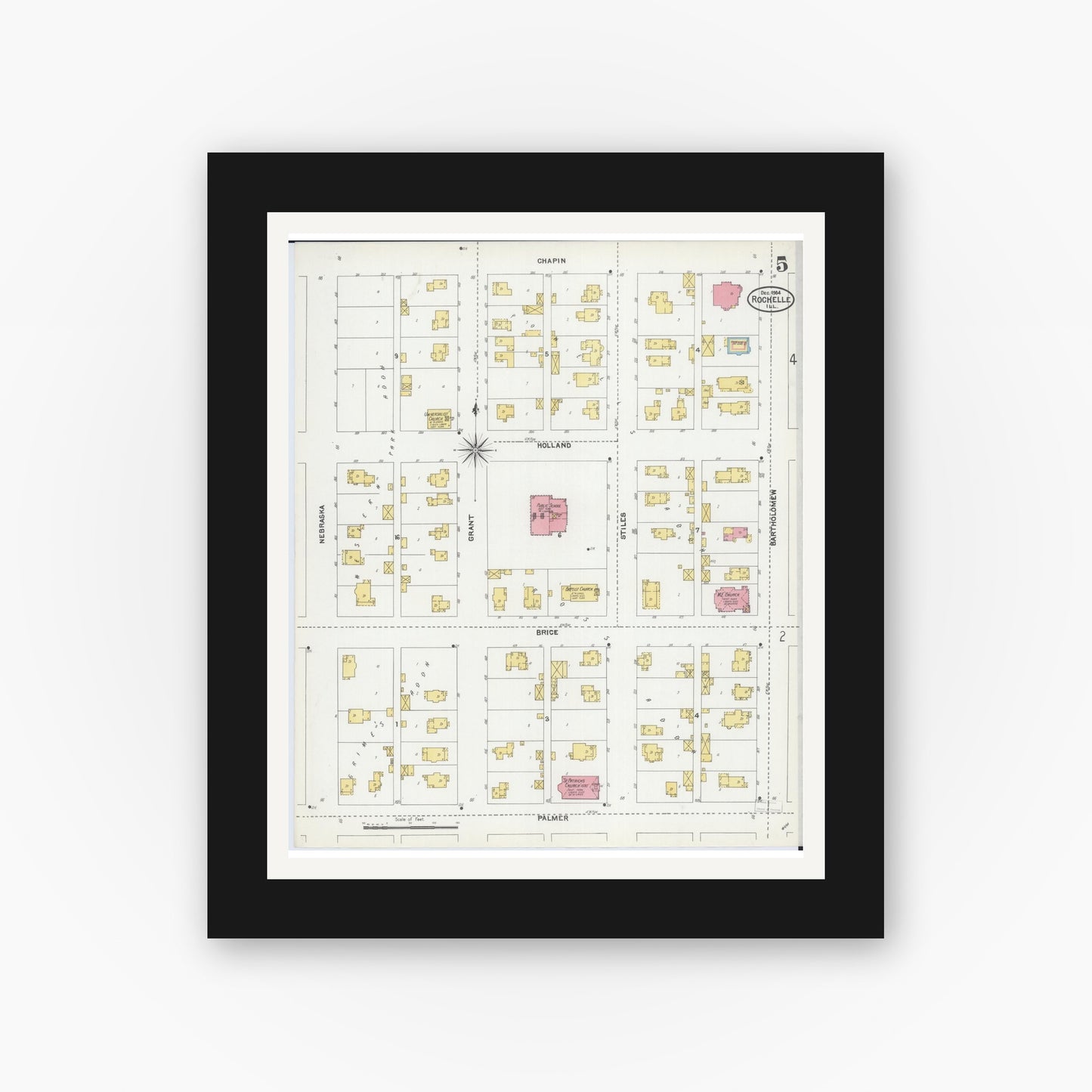 Old map wall art mockup — black gallery frame with white mat — Sanborn Fire Insurance Map from Rochelle, Ogle County, Illinois (1904), Sheet #0005