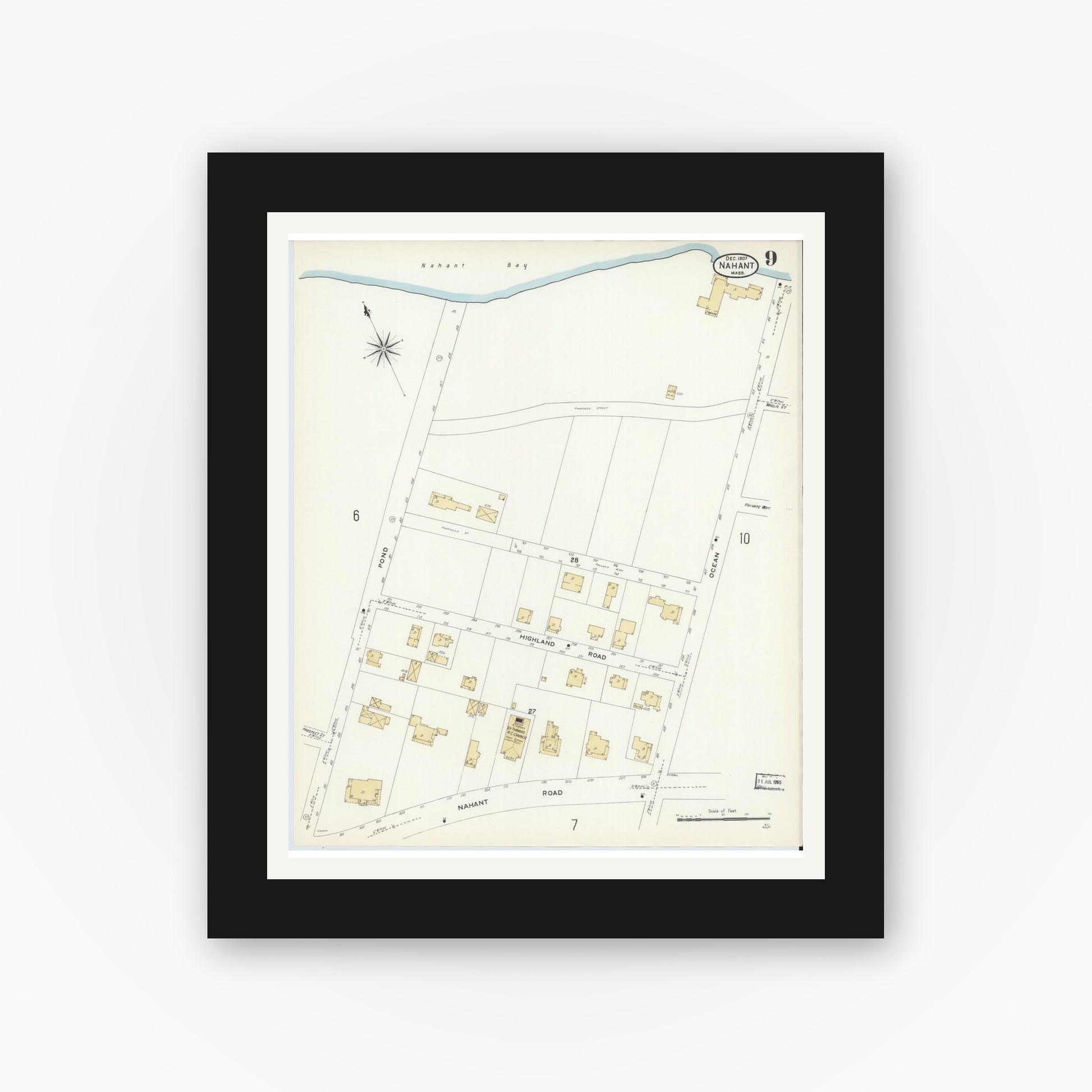 Old map wall art mockup — black gallery frame with white mat — Sanborn Fire Insurance Map from Nahant, Essex County, Massachusetts (1907), Sheet #0009
