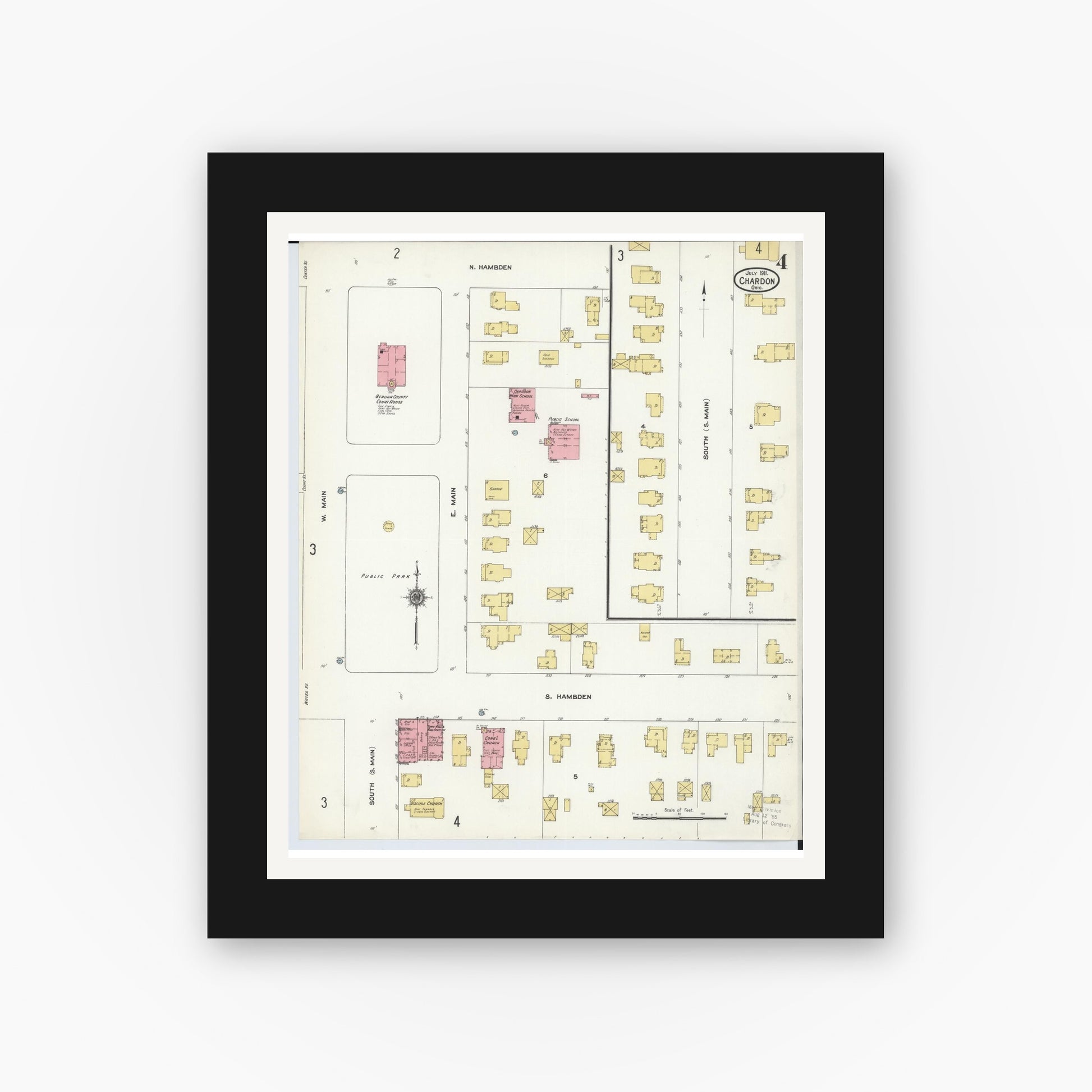 Old map wall art mockup — black gallery frame with white mat — Sanborn Fire Insurance Map from Chardon, Geauga County, Ohio (1911), Sheet #0004