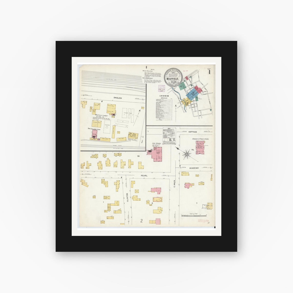 Old map wall art mockup — black gallery frame with white mat — Sanborn Fire Insurance Map from Westfield, Chautauqua County, New York (1907), Sheet #0001