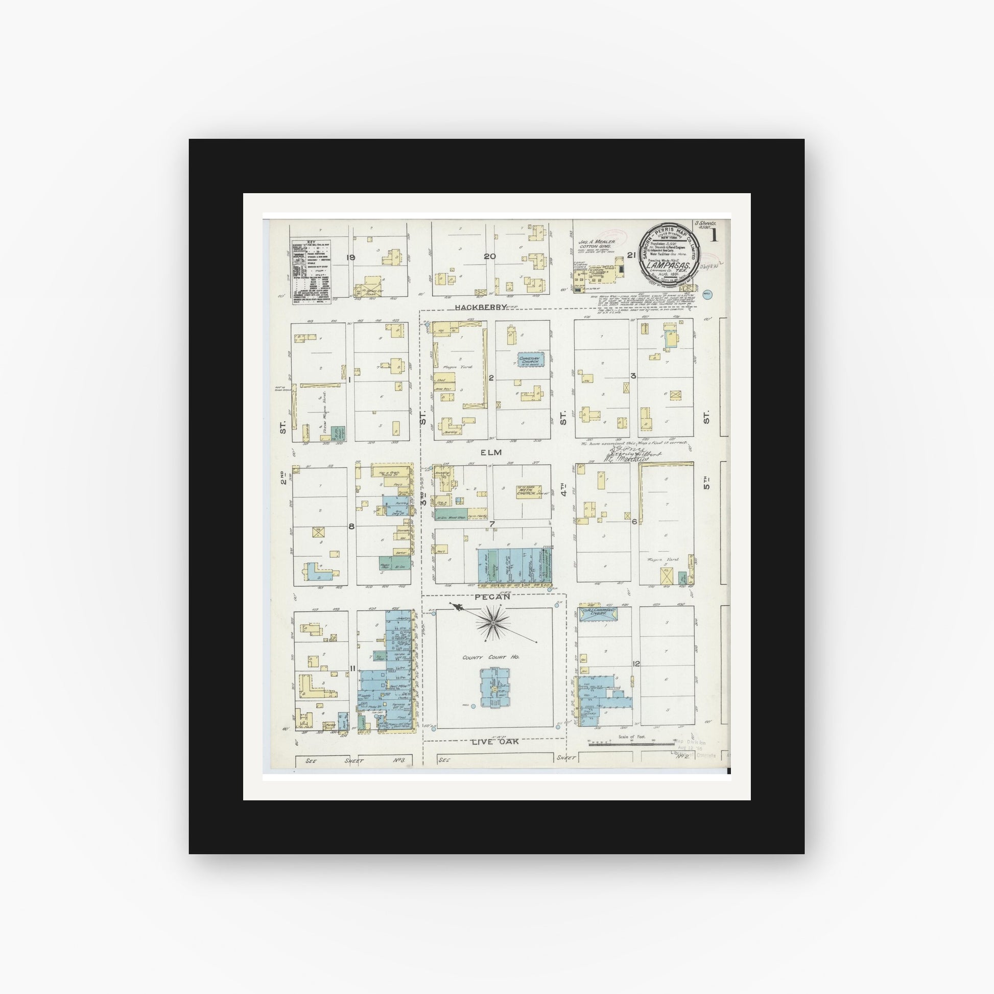 Old map wall art mockup — black gallery frame with white mat — Sanborn Fire Insurance Map from Lampasas, Lampasas County, Texas (1891), Sheet #0001