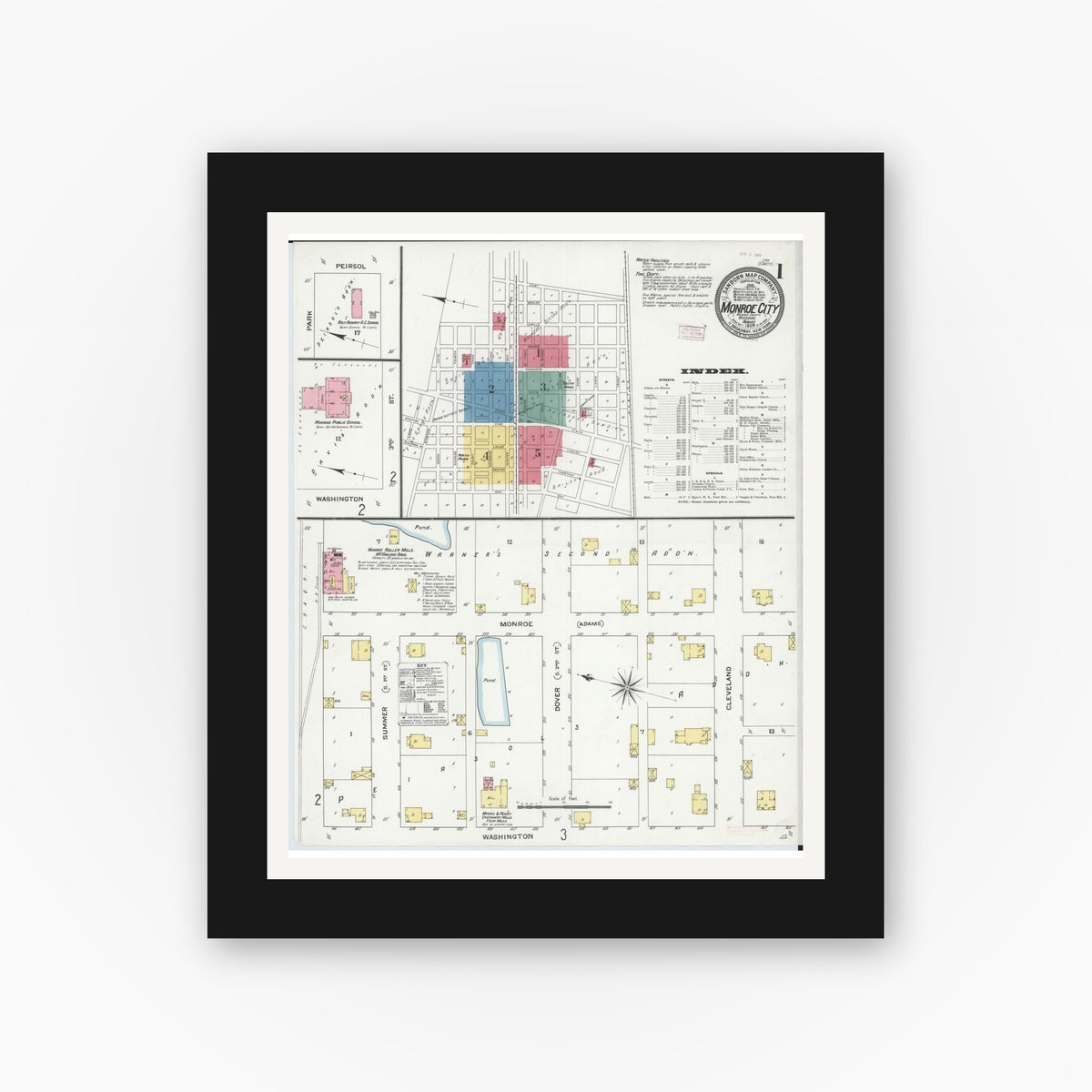 Old map wall art mockup — black gallery frame with white mat — Sanborn Fire Insurance Map from Monroe City, Monroe County, Missouri (1909) - Complete Map Set