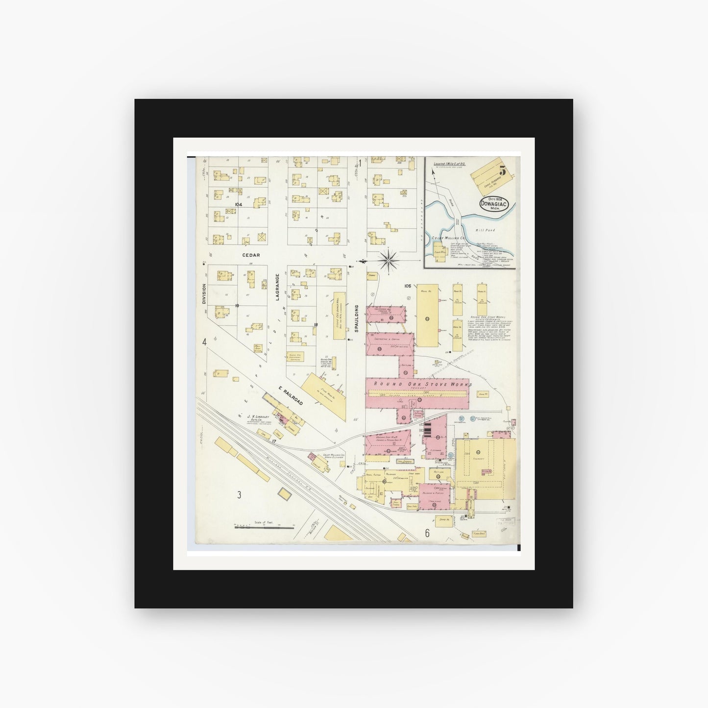Old map wall art mockup — black gallery frame with white mat — Sanborn Fire Insurance Map from Dowagiac, Cass County, Michigan (1908), Sheet #0005