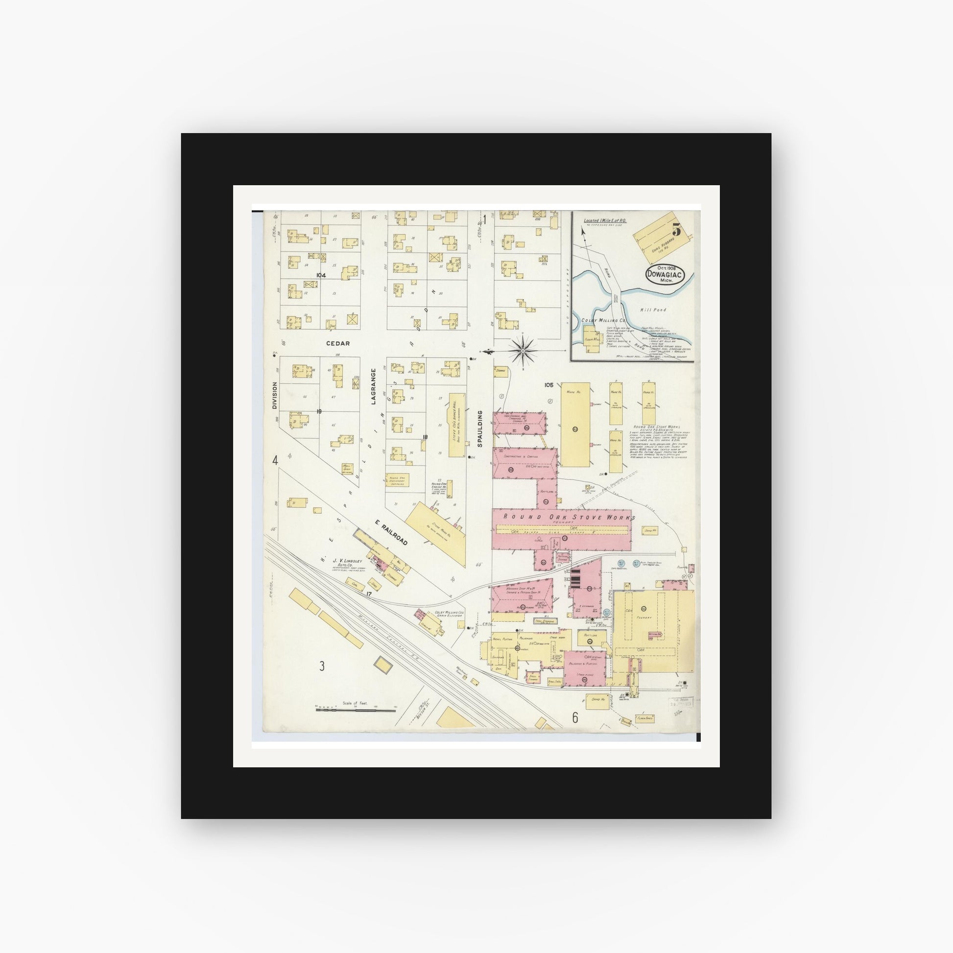 Old map wall art mockup — black gallery frame with white mat — Sanborn Fire Insurance Map from Dowagiac, Cass County, Michigan (1908), Sheet #0005