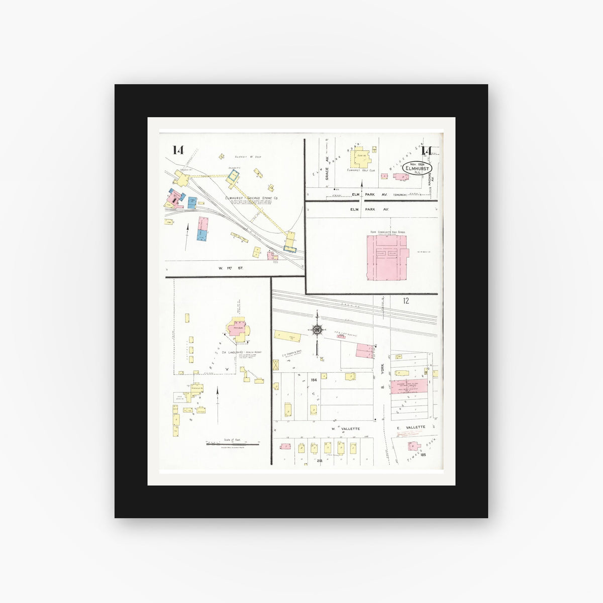 Old map wall art mockup — black gallery frame with white mat — Sanborn Fire Insurance Map from Elmhurst, Du Page County, Illinois (1924), Sheet #0014