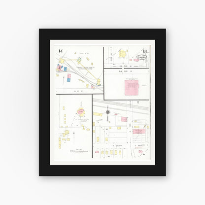 Old map wall art mockup — black gallery frame with white mat — Sanborn Fire Insurance Map from Elmhurst, Du Page County, Illinois (1924), Sheet #0014