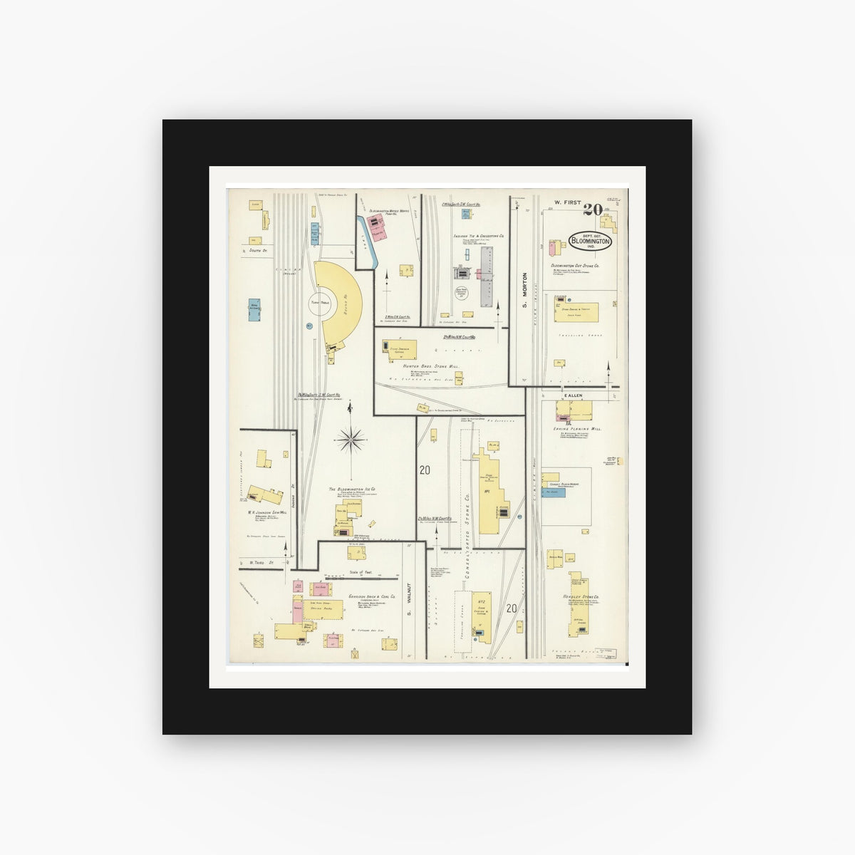 Old map wall art mockup — black gallery frame with white mat — Sanborn Fire Insurance Map from Bloomington, Monroe County, Indiana (1907), Sheet #0020
