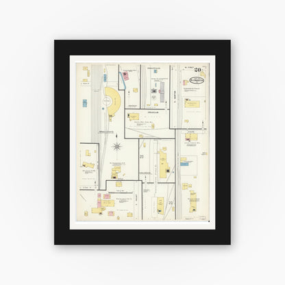 Old map wall art mockup — black gallery frame with white mat — Sanborn Fire Insurance Map from Bloomington, Monroe County, Indiana (1907), Sheet #0020