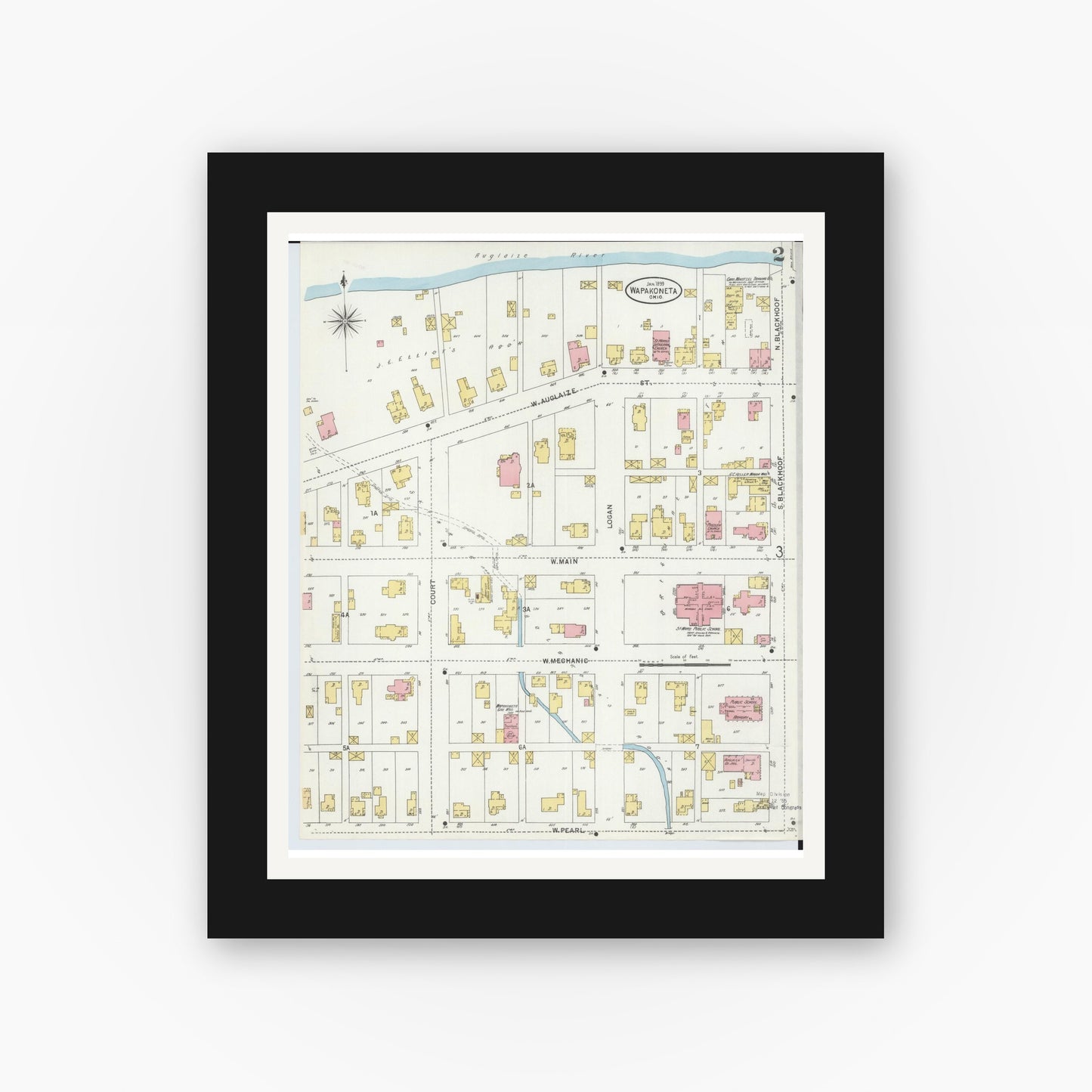 Old map wall art mockup — black gallery frame with white mat — Sanborn Fire Insurance Map from Wapakoneta, Auglaize County, Ohio (1899), Sheet #0002
