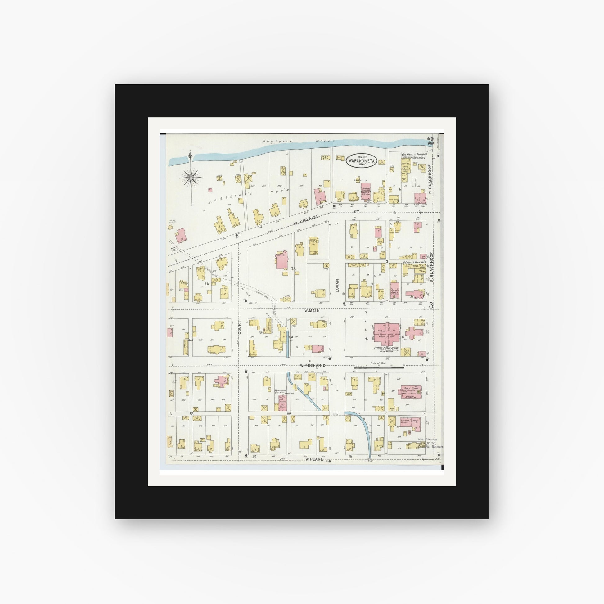 Old map wall art mockup — black gallery frame with white mat — Sanborn Fire Insurance Map from Wapakoneta, Auglaize County, Ohio (1899), Sheet #0002
