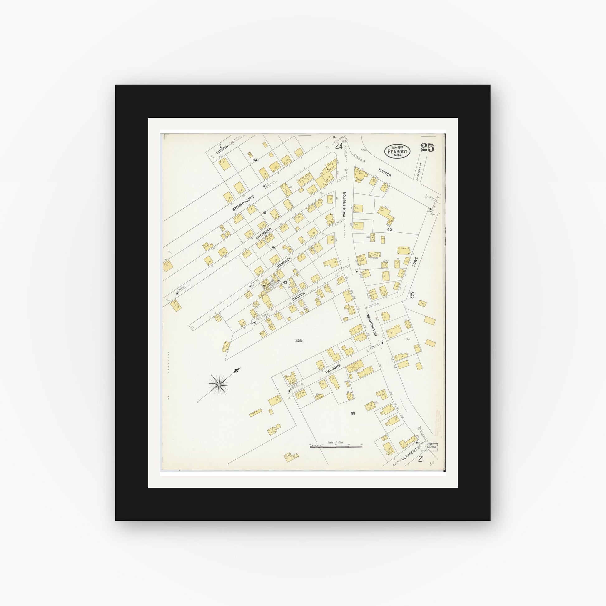 Old map wall art mockup — black gallery frame with white mat — Sanborn Fire Insurance Map from Peabody, Essex County, Massachusetts (1907), Sheet #0025