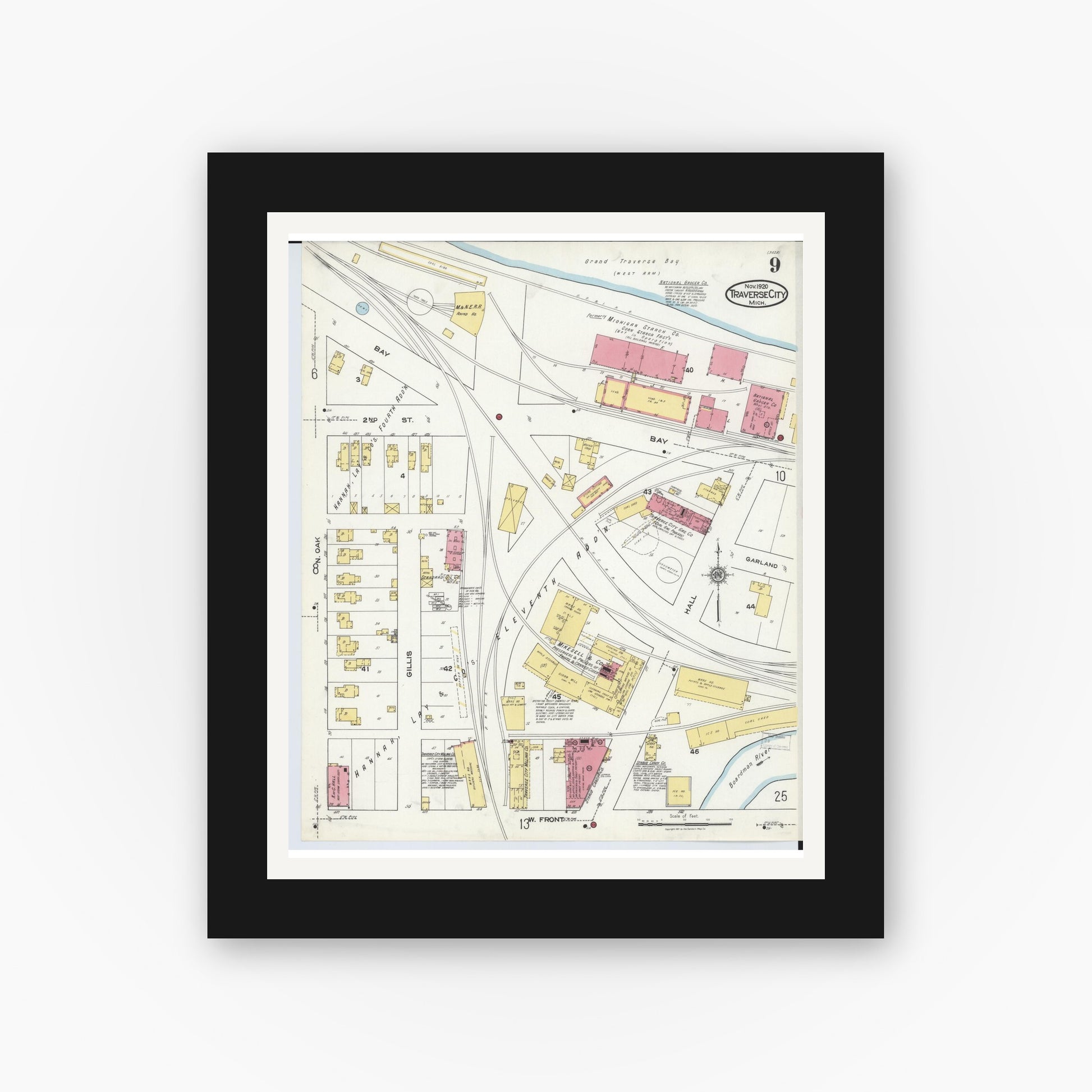 Old map wall art mockup — black gallery frame with white mat — Sanborn Fire Insurance Map from Traverse City, Grand Traverse County, Michigan (1920), Sheet #0009