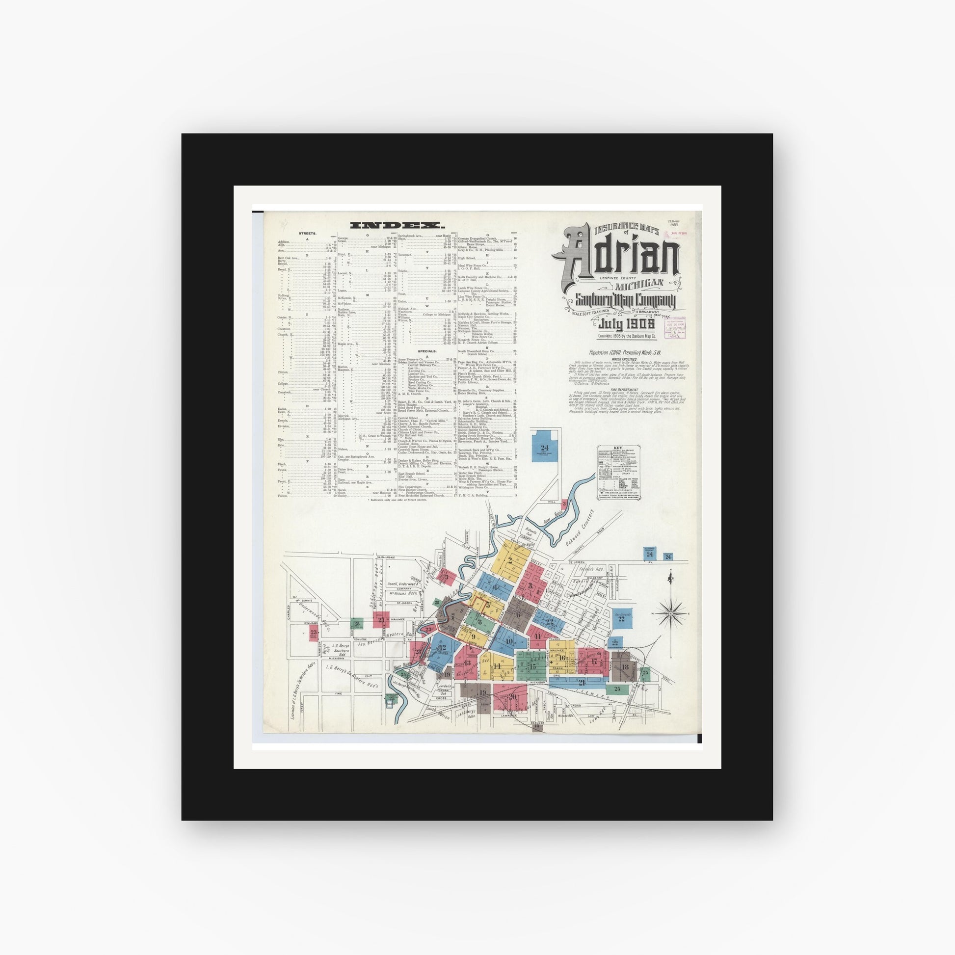 Old map wall art mockup — black gallery frame with white mat — Sanborn Fire Insurance Map from Adrian, Lenawee County, Michigan (1908) - Complete Map Set