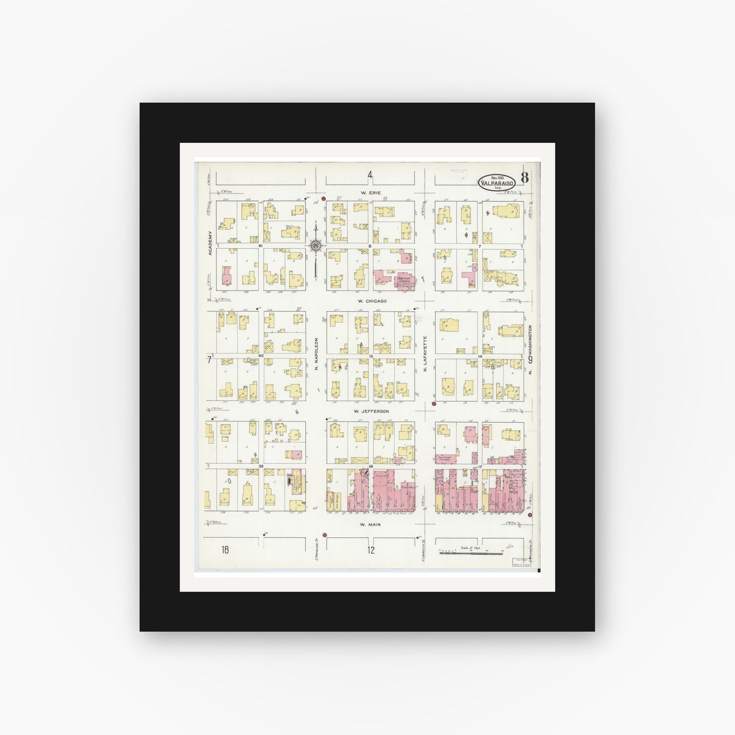 Old map wall art mockup — black gallery frame with white mat — Sanborn Fire Insurance Map from Valparaiso, Porter County, Indiana (1910), Sheet #0008