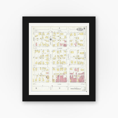 Old map wall art mockup — black gallery frame with white mat — Sanborn Fire Insurance Map from Valparaiso, Porter County, Indiana (1910), Sheet #0008