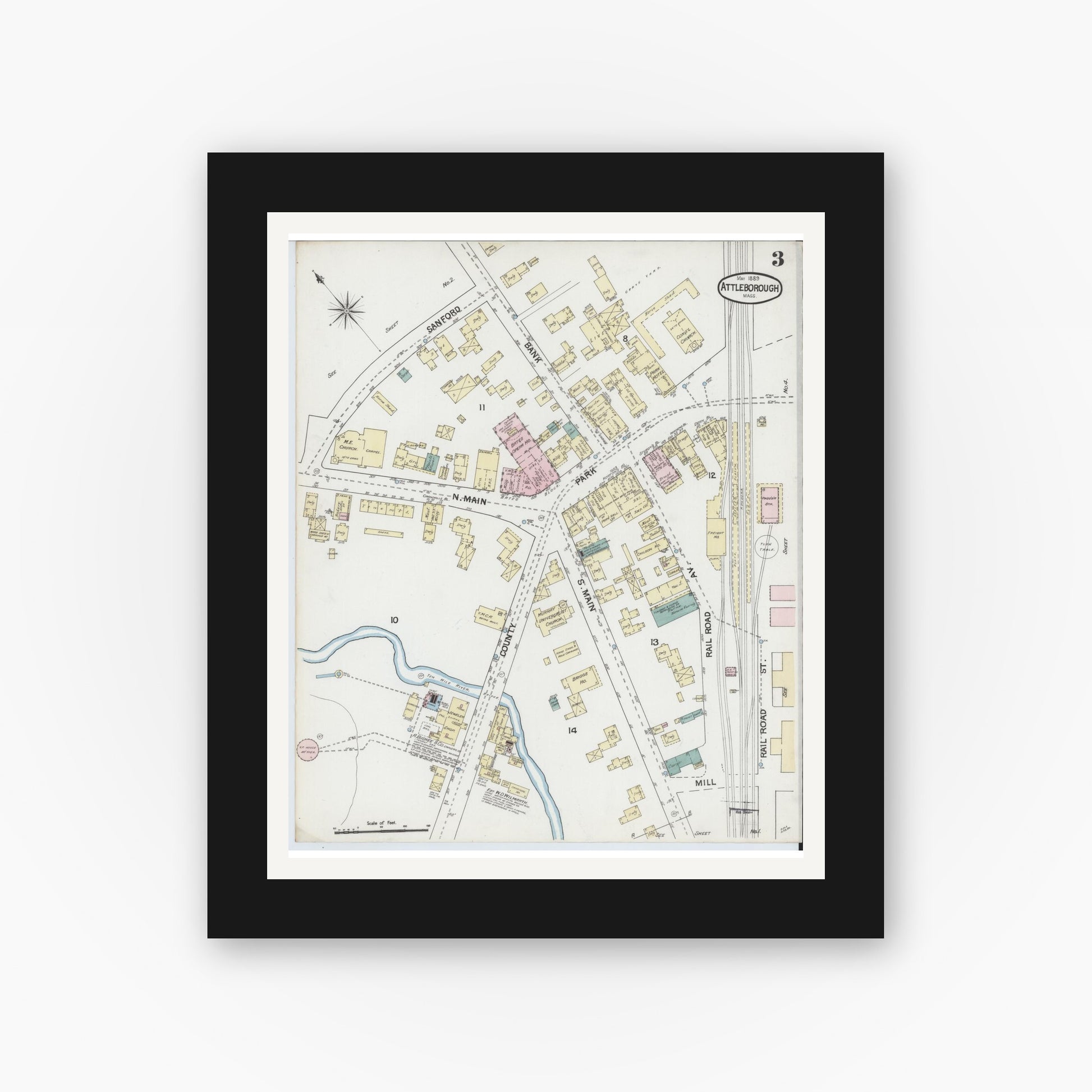Old map wall art mockup — black gallery frame with white mat — Sanborn Fire Insurance Map from Attleboro, Bristol County, Massachusetts (1889), Sheet #0003