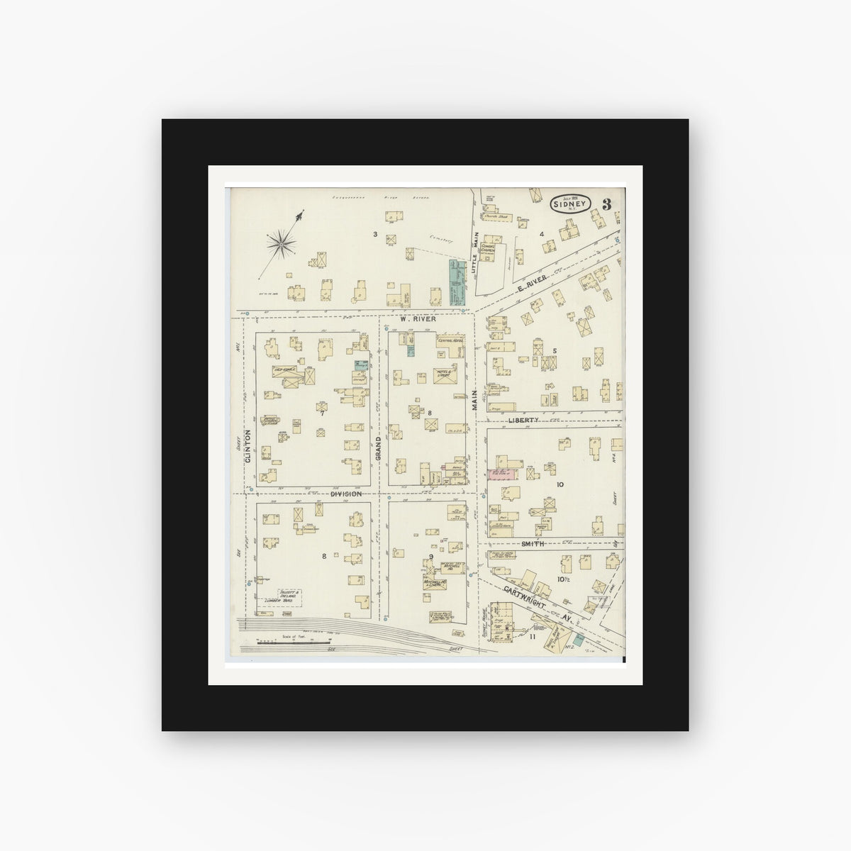 Old map wall art mockup — black gallery frame with white mat — Sanborn Fire Insurance Map from Sidney, Delaware County, New York (1891), Sheet #0003