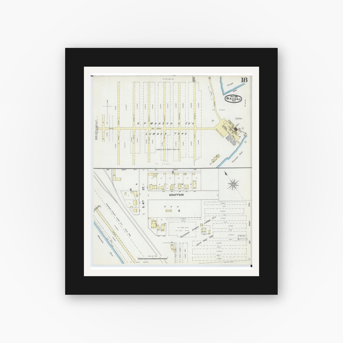 Old map wall art mockup — black gallery frame with white mat — Sanborn Fire Insurance Map from Wausau, Marathon County, Wisconsin (1891), Sheet #0018