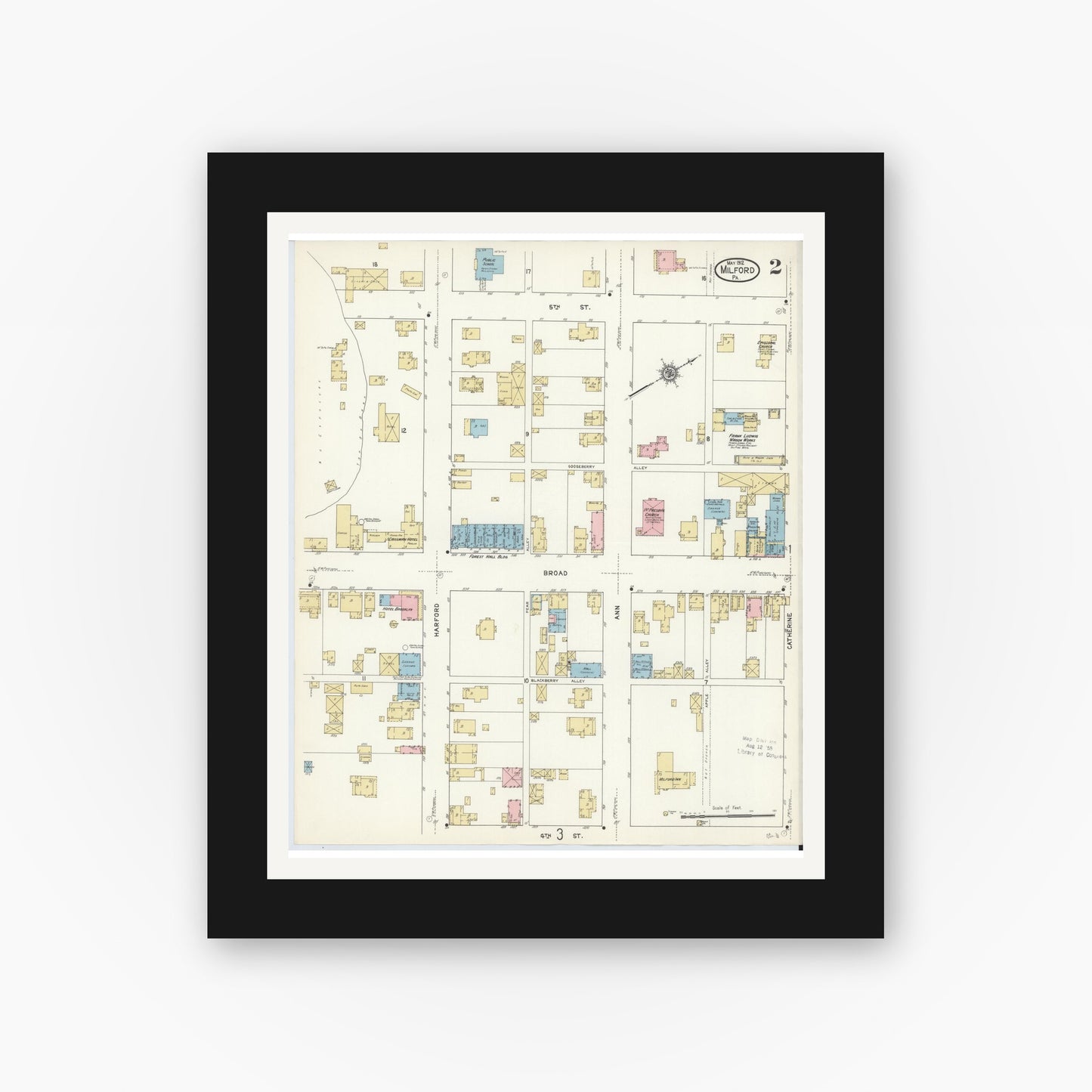 Old map wall art mockup — black gallery frame with white mat — Sanborn Fire Insurance Map from Milford, Pike County, Pennsylvania (1912), Sheet #0002