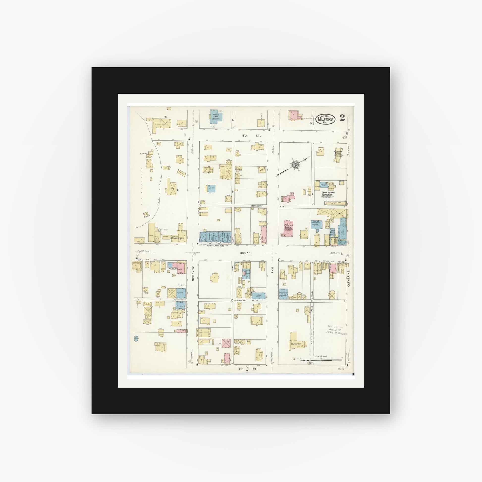 Old map wall art mockup — black gallery frame with white mat — Sanborn Fire Insurance Map from Milford, Pike County, Pennsylvania (1912), Sheet #0002