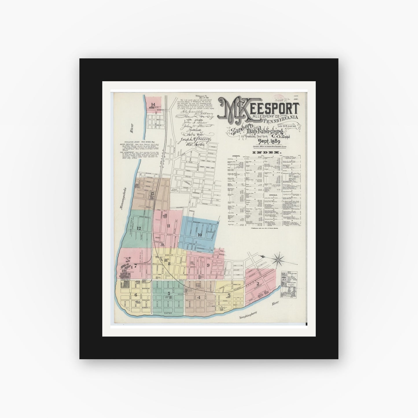 Old map wall art mockup — black gallery frame with white mat — Sanborn Fire Insurance Map from McKeesport, Allegheny County, Pennsylvania (1889) - Complete Map Set