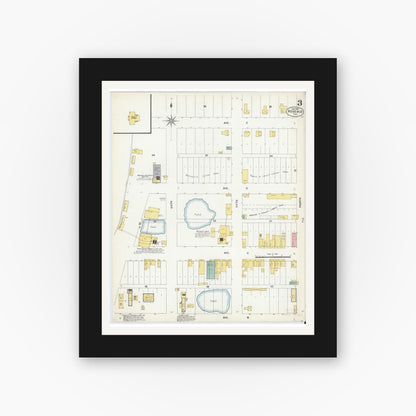 Old map wall art mockup — black gallery frame with white mat — Sanborn Fire Insurance Map from Rosebud, Falls County, Texas (1903), Sheet #0003