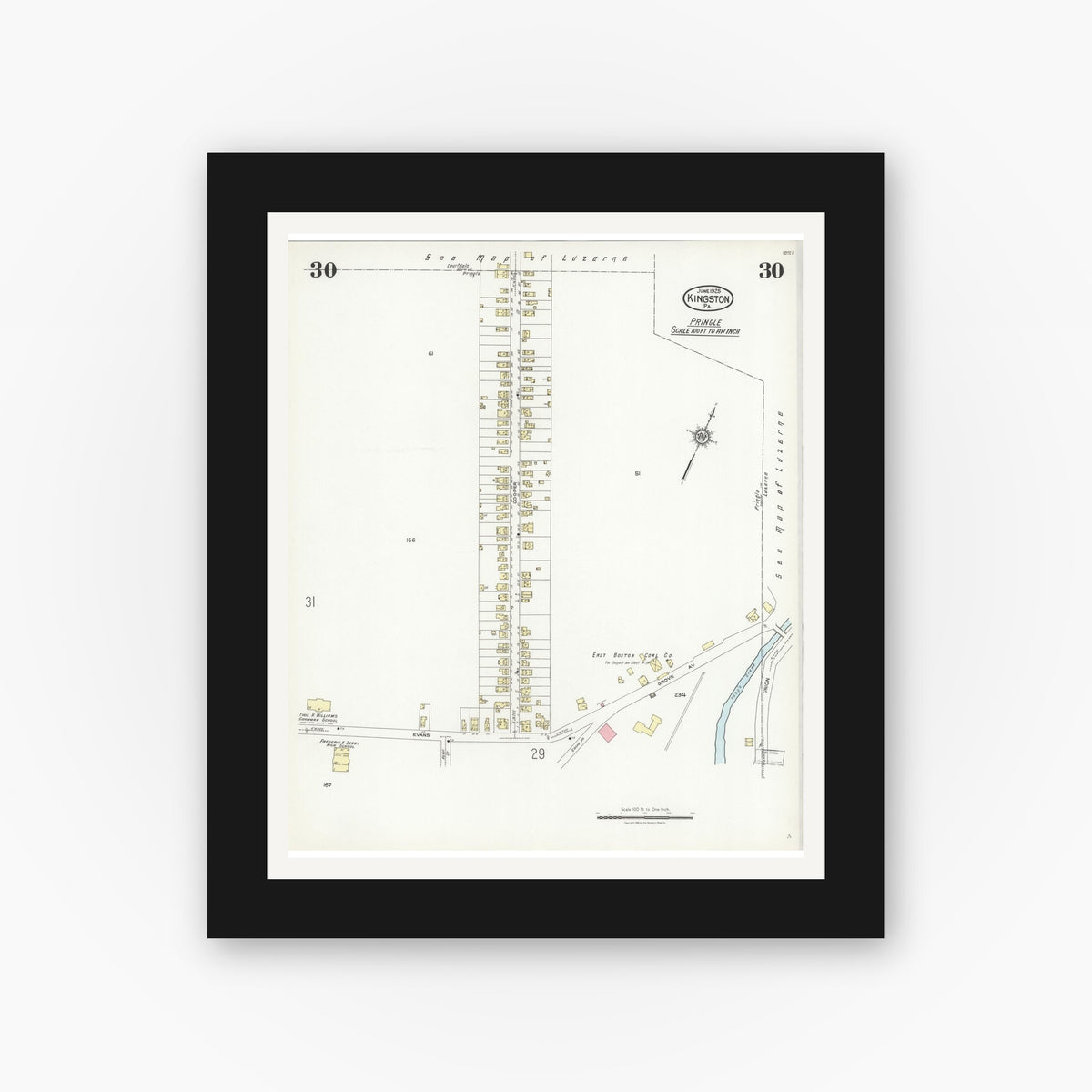 Old map wall art mockup — black gallery frame with white mat — Sanborn Fire Insurance Map from Kingston, Luzerne County, Pennsylvania (1925), Sheet #0030