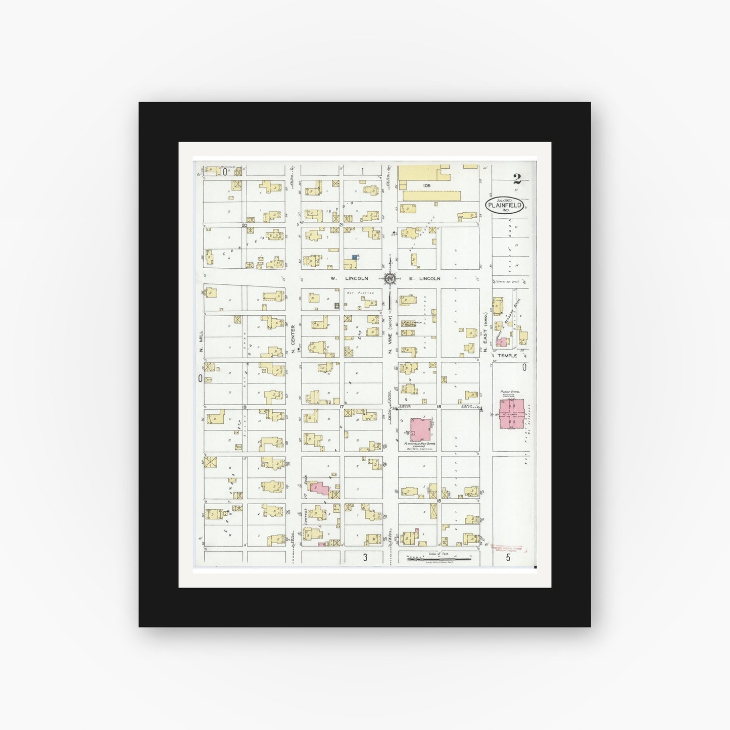 Old map wall art mockup — black gallery frame with white mat — Sanborn Fire Insurance Map from Plainfield, Hendricks County, Indiana (1920), Sheet #0002