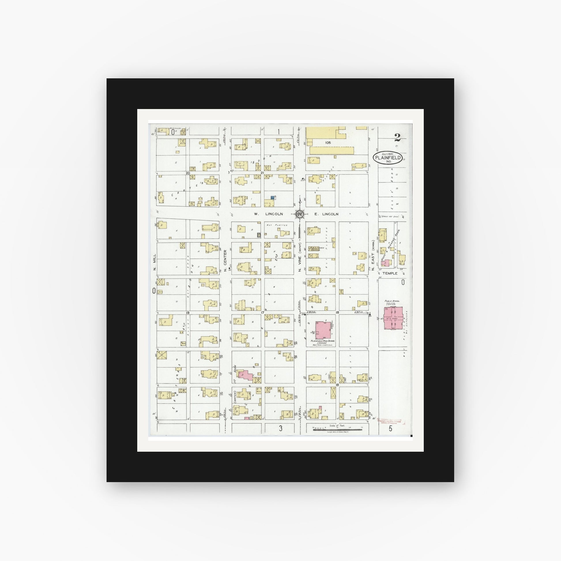 Old map wall art mockup — black gallery frame with white mat — Sanborn Fire Insurance Map from Plainfield, Hendricks County, Indiana (1920), Sheet #0002