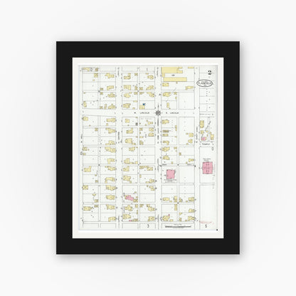 Old map wall art mockup — black gallery frame with white mat — Sanborn Fire Insurance Map from Plainfield, Hendricks County, Indiana (1920), Sheet #0002