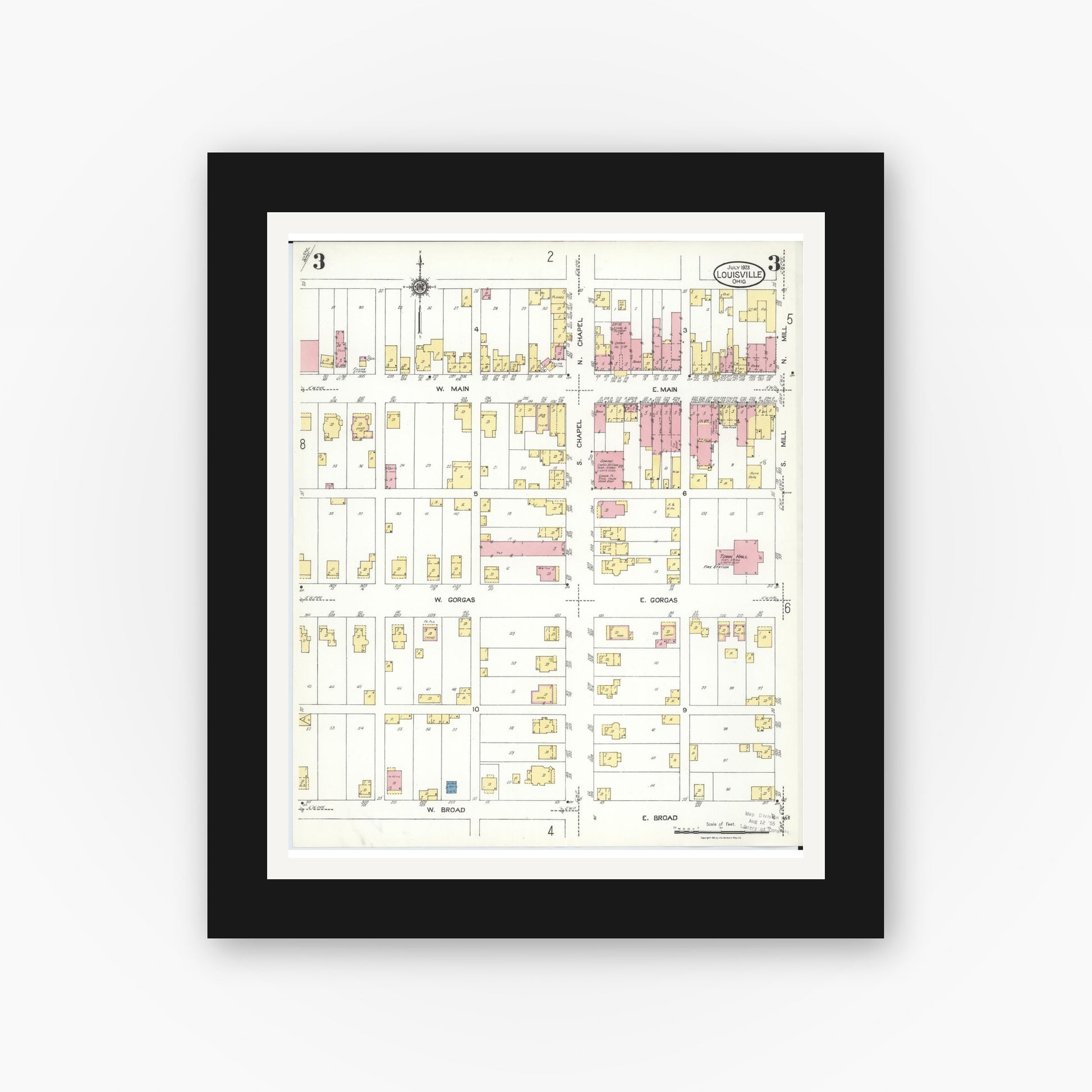 Old map wall art mockup — black gallery frame with white mat — Sanborn Fire Insurance Map from Louisville, Stark County, Ohio (1923), Sheet #0003