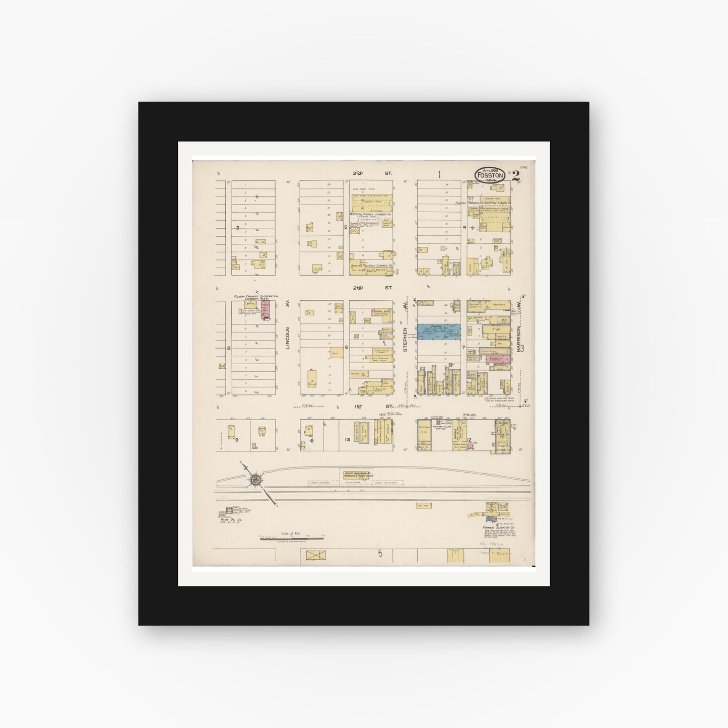 Old map wall art mockup — black gallery frame with white mat — Sanborn Fire Insurance Map from Fosston, Polk County, Minnesota (1922), Sheet #0002