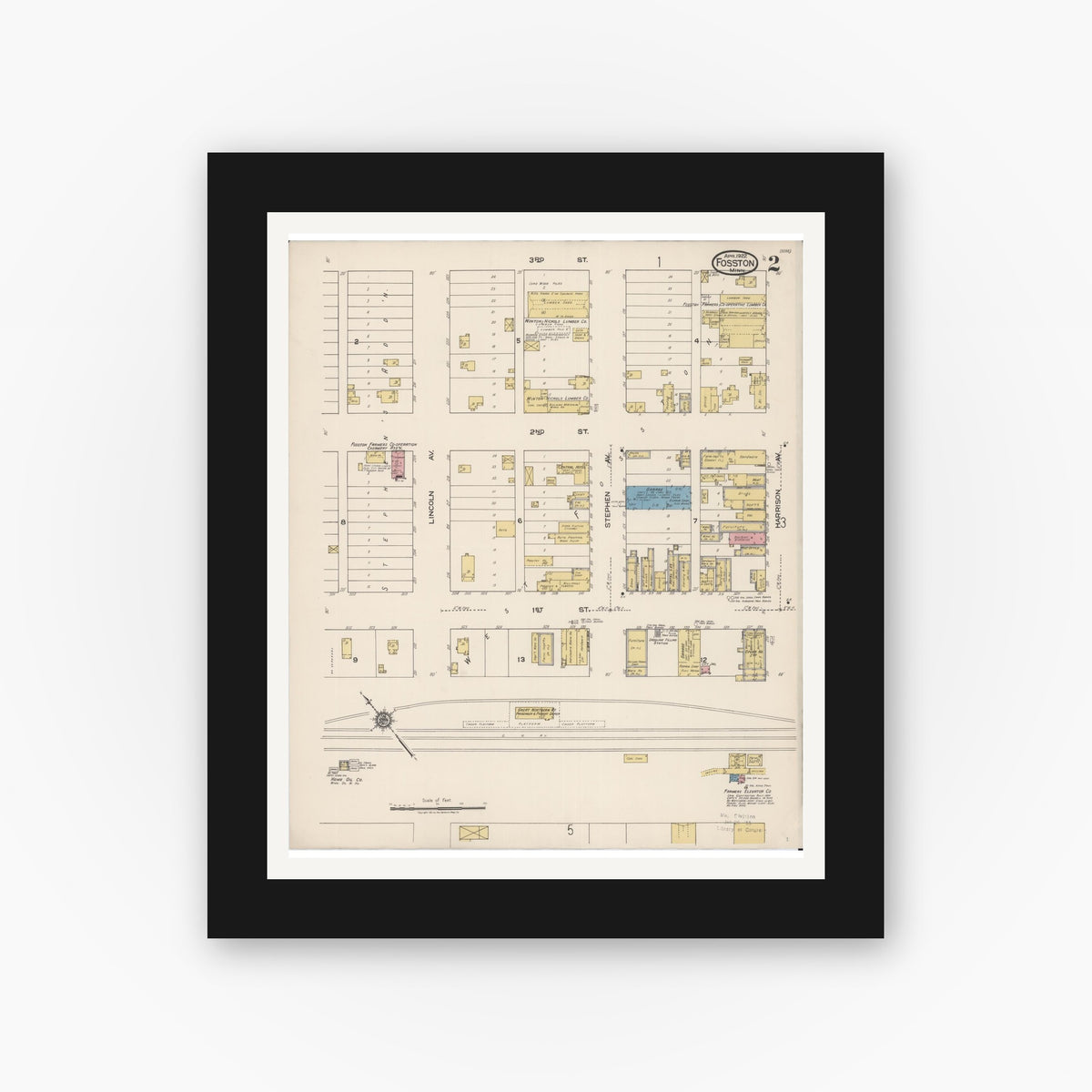 Old map wall art mockup — black gallery frame with white mat — Sanborn Fire Insurance Map from Fosston, Polk County, Minnesota (1922), Sheet #0002