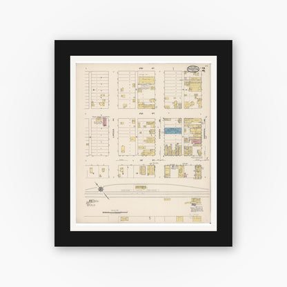 Old map wall art mockup — black gallery frame with white mat — Sanborn Fire Insurance Map from Fosston, Polk County, Minnesota (1922), Sheet #0002