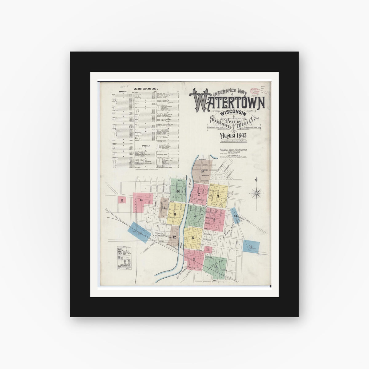 Old map wall art mockup — black gallery frame with white mat — Sanborn Fire Insurance Map from Watertown, Jefferson County, Wisconsin (1895), Sheet #0001