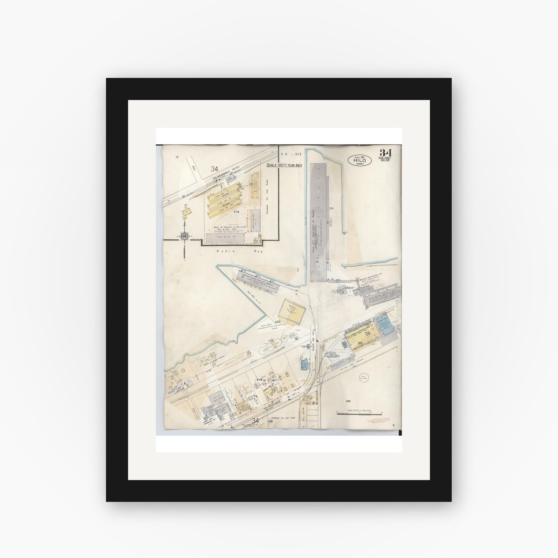 Old map wall art mockup — black gallery frame with white mat — Sanborn Fire Insurance Map from Hilo, Hawaii County, Hawaii (1957), Sheet #0034