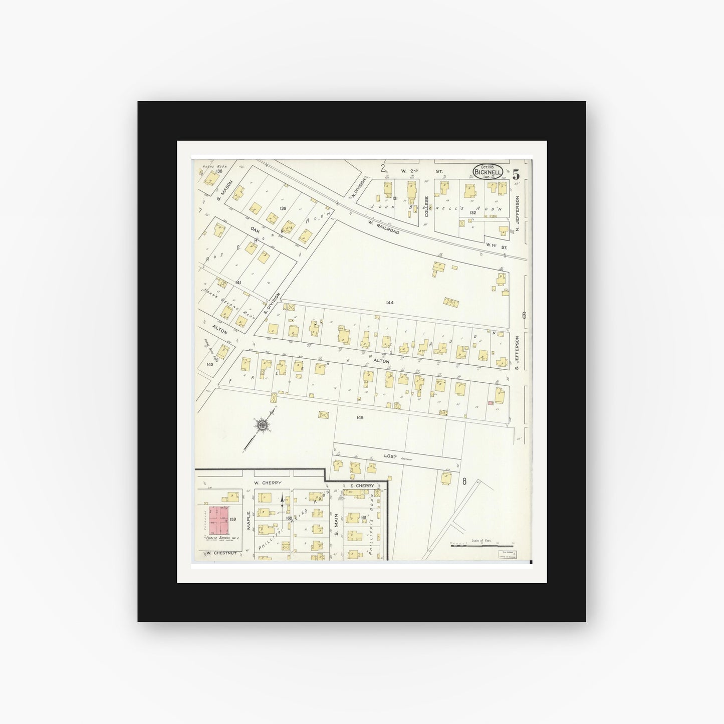 Old map wall art mockup — black gallery frame with white mat — Sanborn Fire Insurance Map from Bicknell, Knox County, Indiana (1915), Sheet #0005