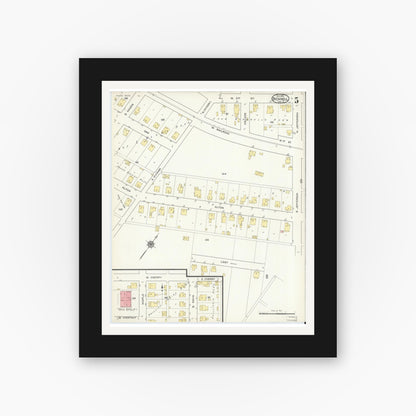 Old map wall art mockup — black gallery frame with white mat — Sanborn Fire Insurance Map from Bicknell, Knox County, Indiana (1915), Sheet #0005