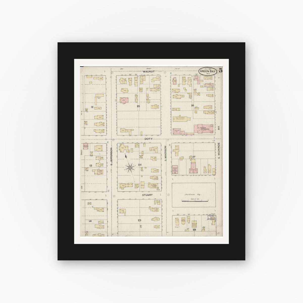 Old map wall art mockup — black gallery frame with white mat — Sanborn Fire Insurance Map from Green Bay, Brown County, Wisconsin (1887), Sheet #0005