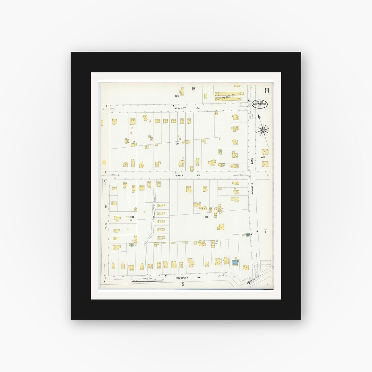 Old map wall art mockup — black gallery frame with white mat — Sanborn Fire Insurance Map from Glen Cove, Nassau County, New York (1908), Sheet #0008