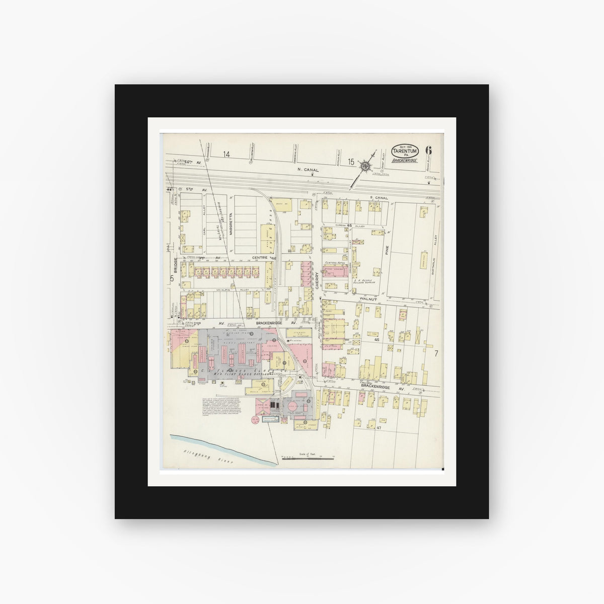 Old map wall art mockup — black gallery frame with white mat — Sanborn Fire Insurance Map from Tarentum, Allegheny County, Pennsylvania (1914), Sheet #0006
