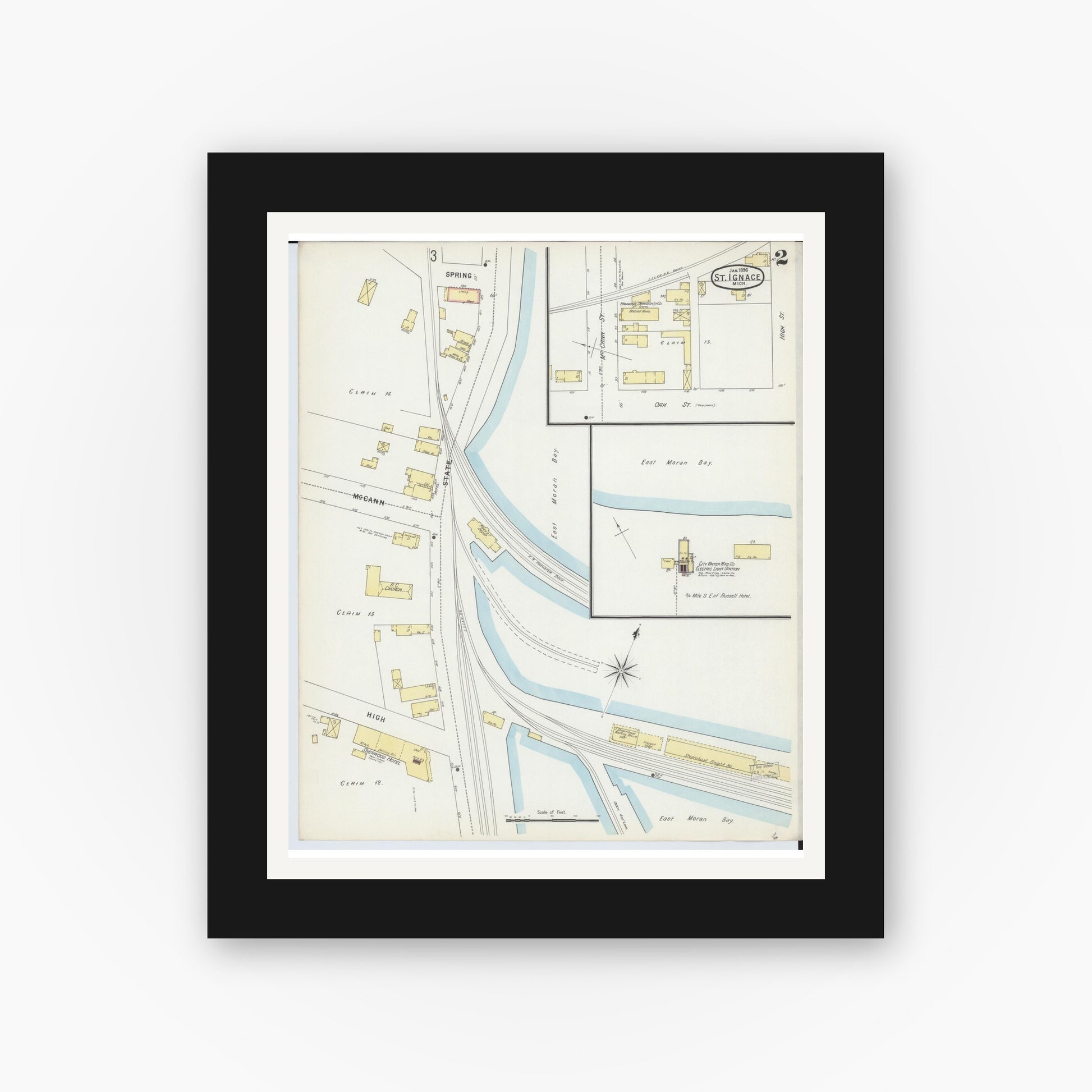 Old map wall art mockup — black gallery frame with white mat — Sanborn Fire Insurance Map from Saint Ignace, Mackinac County, Michigan (1896), Sheet #0002